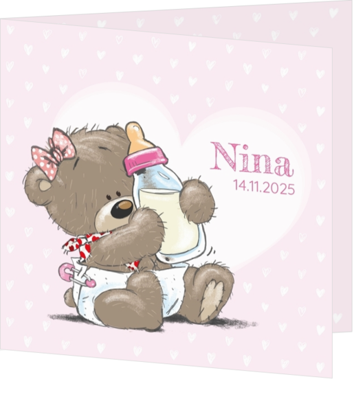 Beertjes en beren geboortekaartjes - kaart Schattige meisjesbeer met fles 117012